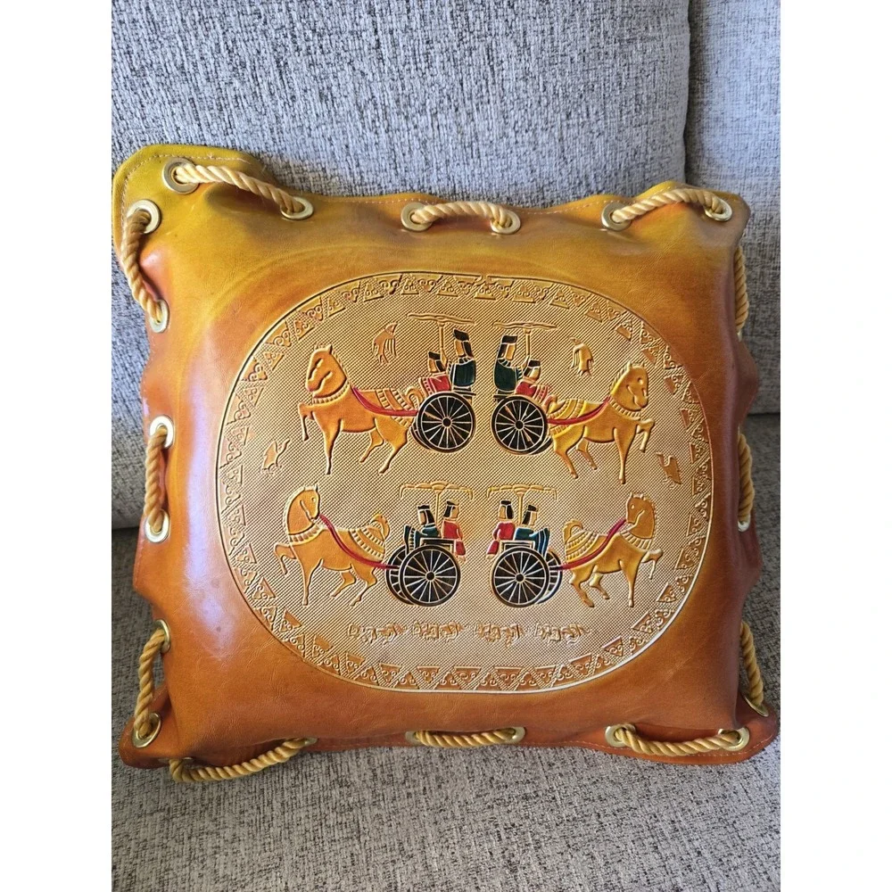 Vintage 1970s Faux Leather Chariot Lounge Cushion Rope‎ Lace Boho Decor UNIQUE